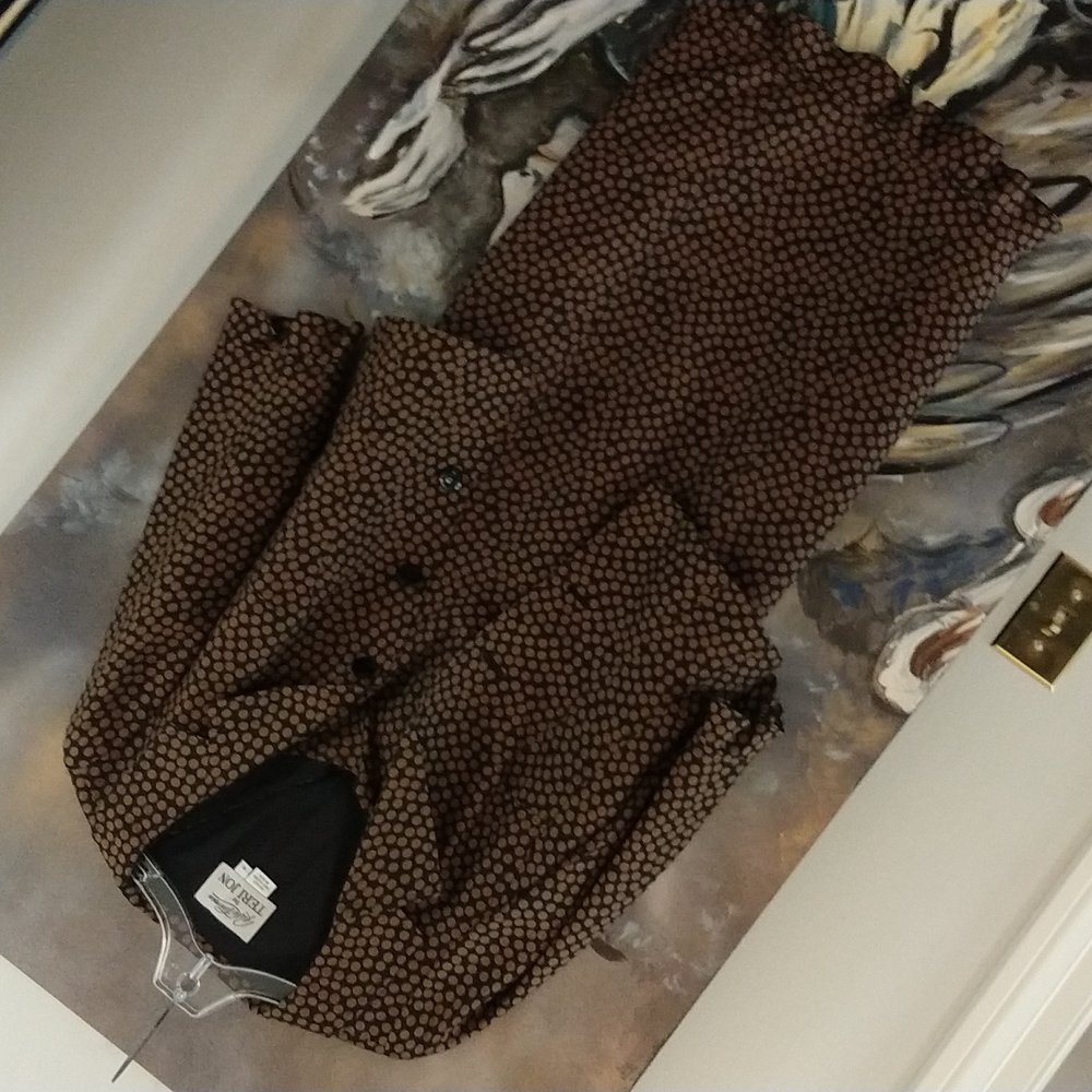 Black cocoa polka dot 2pc Teri Jon dress and jacket